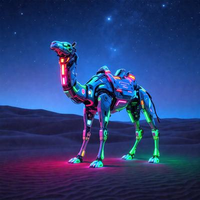 The primary subject of the image is a futuristic, neon-colored camel with a robotic appearance. The camel is standing in a desert-like environment, with a starry night sky in the background. The visual style of the image is a combination of photo and digital art, creating a unique and captivating scene. The dominant colors in the image are neon green, pink, and blue, giving the camel a futuristic and otherworldly appearance. The overall atmosphere of the image is one of wonder and curiosity, as the viewer is drawn to the unusual and intriguing sight of a robotic camel in a desert setting.